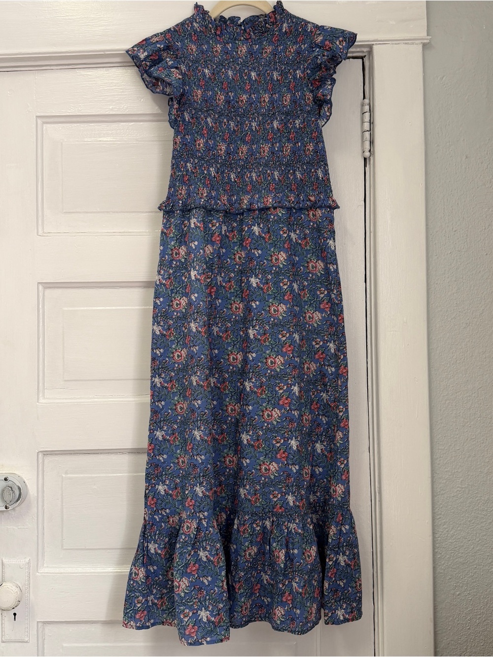 Smocked Floral Maxi Dress in Blue